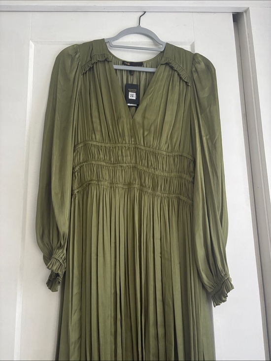 Maje Dresses & Skirts - Maje Olive Green Pleated Maxi Dress with Bishop Sleeves